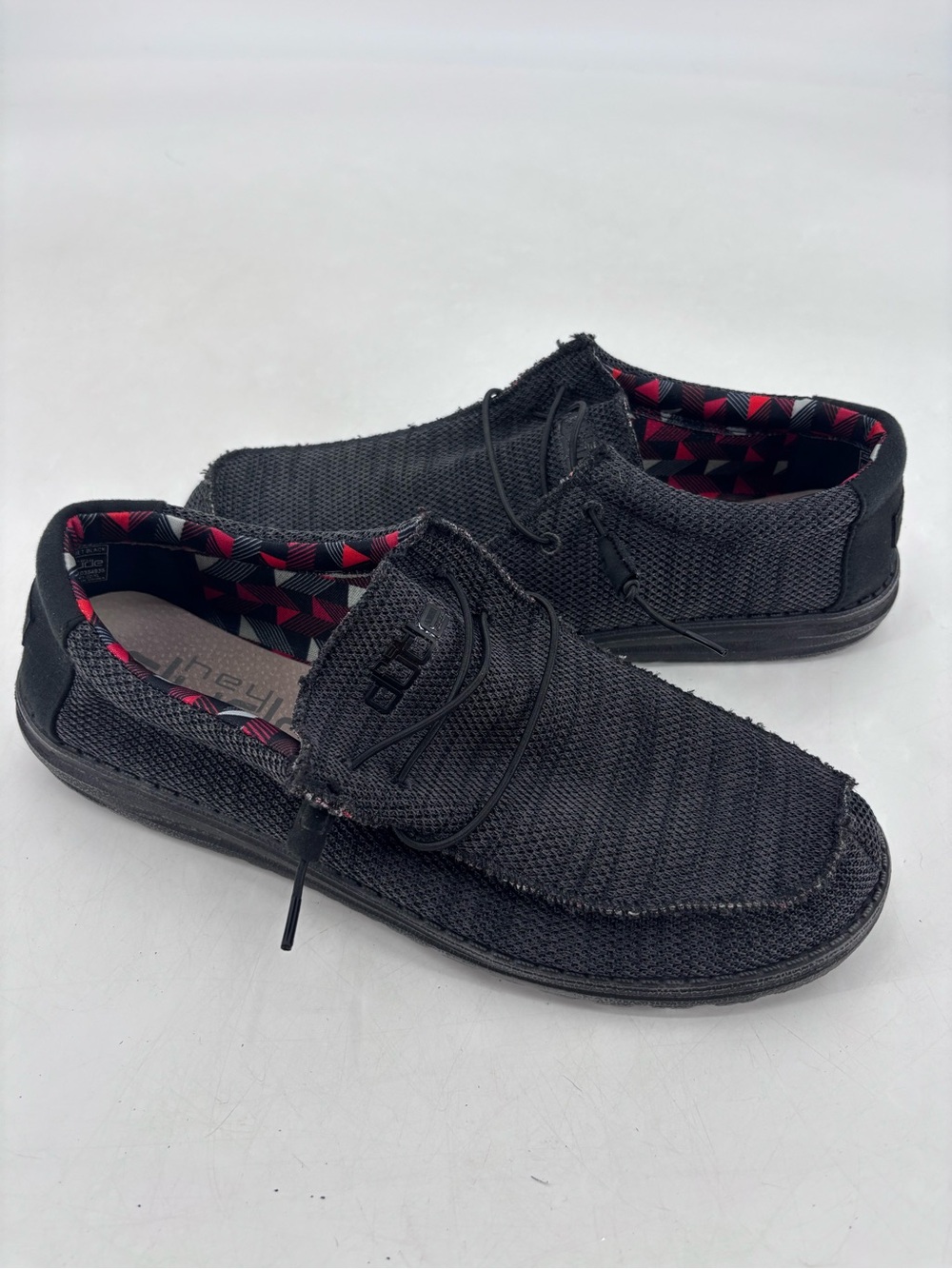 Hey Dude Wally Stretch Mesh Sox Jet Black Plaid Slip On Chukka Loafers Size 13